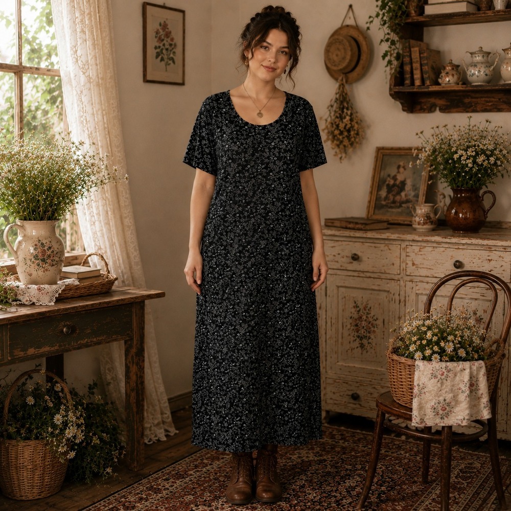 Ditzy Floral A Line‎ Cotton Maxi Dress Plus Size 1X Blue Cottage Modest Romantic